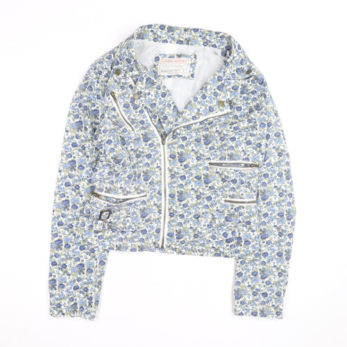 Blend Women Blue Floral Biker Jacket Cotton Zip Lined L