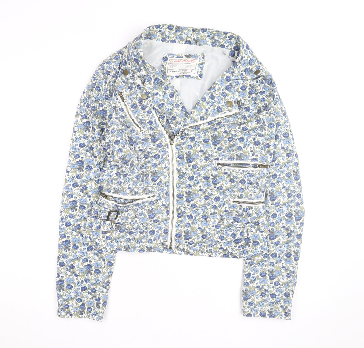 Blend Women Blue Floral Biker Jacket Cotton Zip Lined L