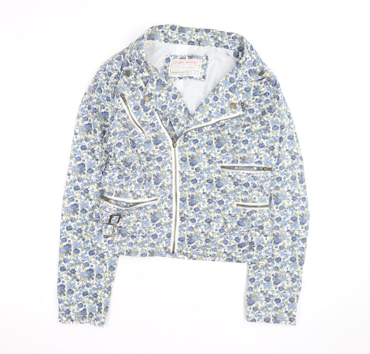 Blend Women Blue Floral Biker Jacket Cotton Zip Lined L