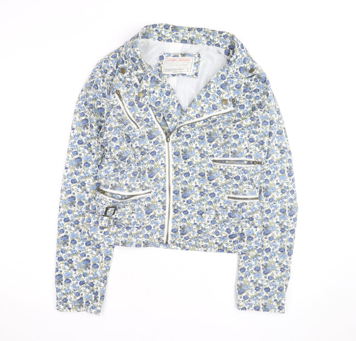 Blend Women Blue Floral Biker Jacket Cotton Zip Lined L