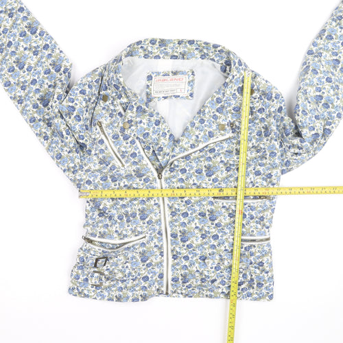 Blend Women Blue Floral Biker Jacket Cotton Zip Lined L