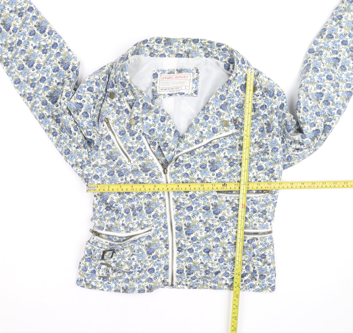 Blend Women Blue Floral Biker Jacket Cotton Zip Lined L