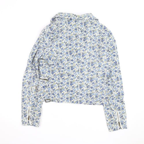 Blend Women Blue Floral Biker Jacket Cotton Zip Lined L