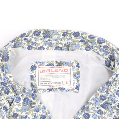 Blend Women Blue Floral Biker Jacket Cotton Zip Lined L