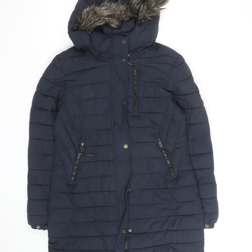 Superdry Womens Blue Long Puffer Coat Hooded Faux Fur Trim Size S