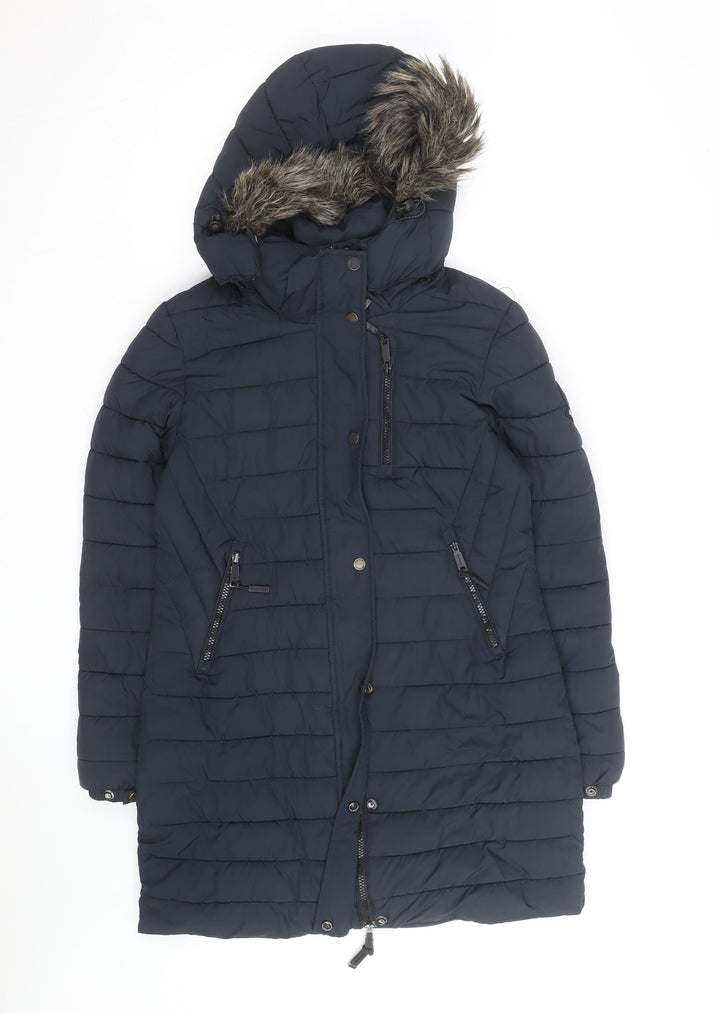 Superdry Womens Blue Long Puffer Coat Hooded Faux Fur Trim Size S