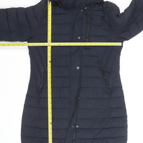 Superdry Womens Blue Long Puffer Coat Hooded Faux Fur Trim Size S