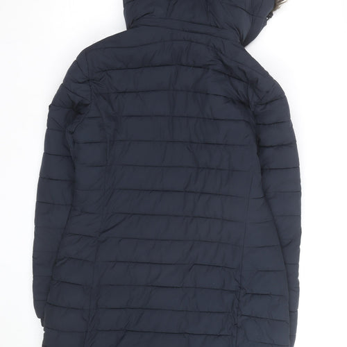 Superdry Womens Blue Long Puffer Coat Hooded Faux Fur Trim Size S