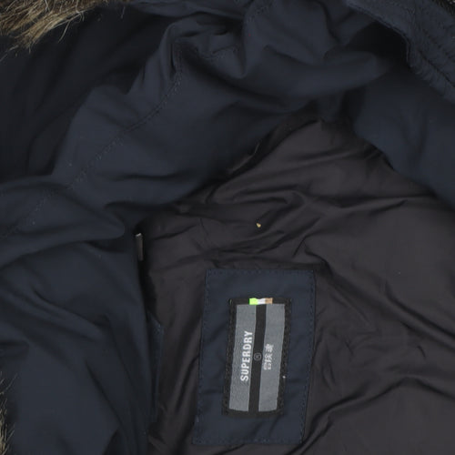 Superdry Womens Blue Long Puffer Coat Hooded Faux Fur Trim Size S