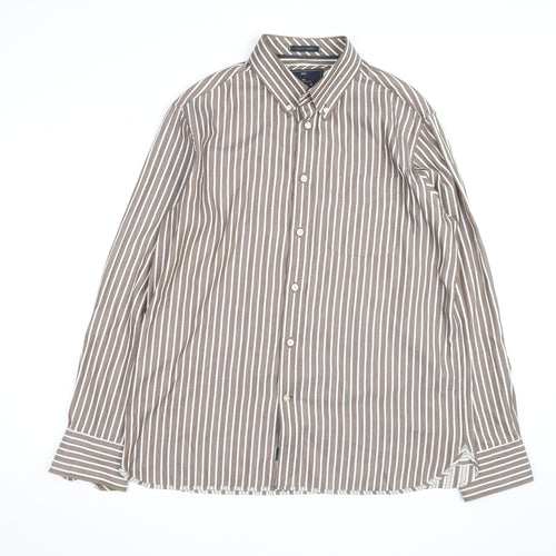 Marks and Spencer Blue Harbour Men's Brown Striped Button-Up Shirt L