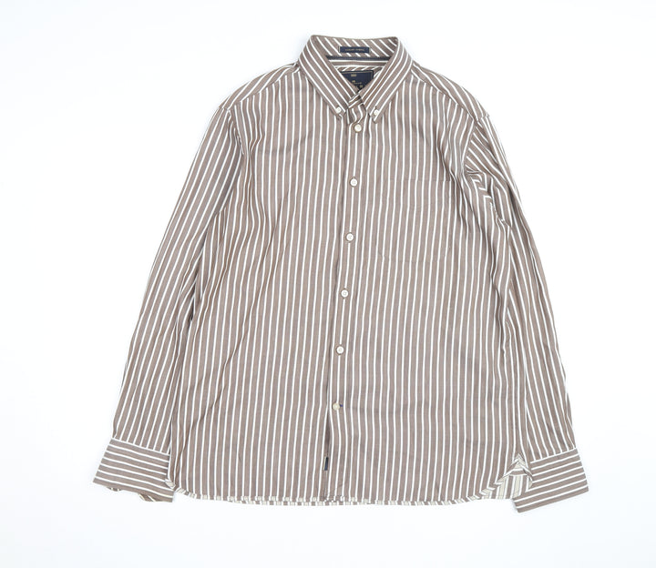 Marks and Spencer Blue Harbour Men's Brown Striped Button-Up Shirt L