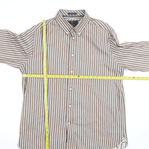 Marks and Spencer Blue Harbour Men's Brown Striped Button-Up Shirt L