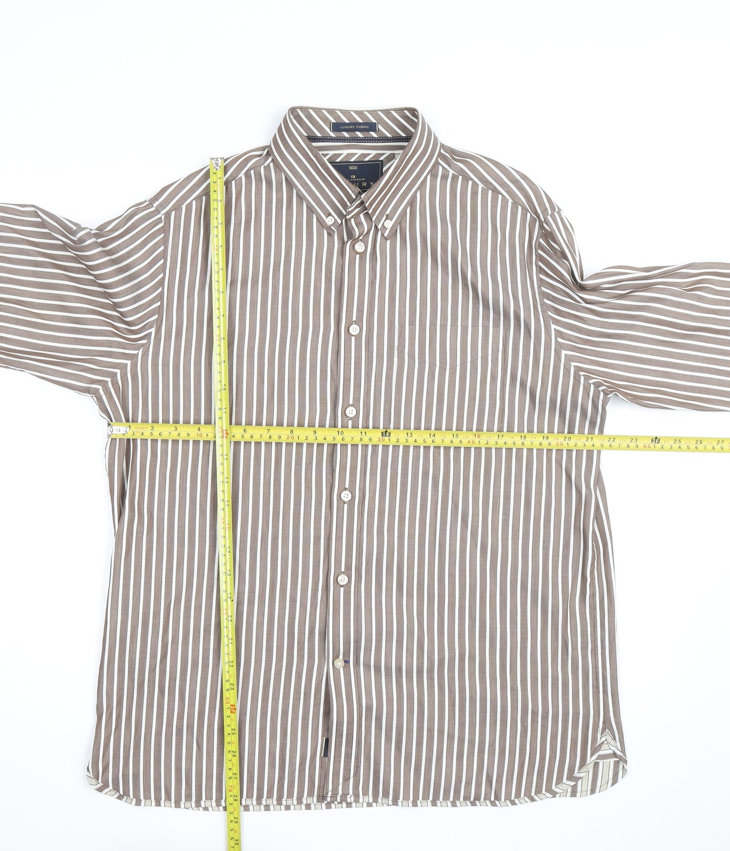 Marks and Spencer Blue Harbour Men's Brown Striped Button-Up Shirt L