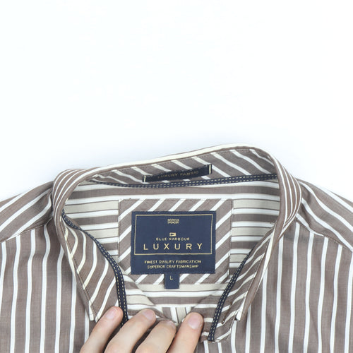Marks and Spencer Blue Harbour Men's Brown Striped Button-Up Shirt L