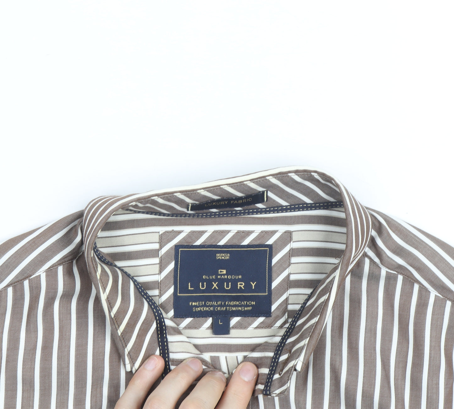 Marks and Spencer Blue Harbour Men's Brown Striped Button-Up Shirt L