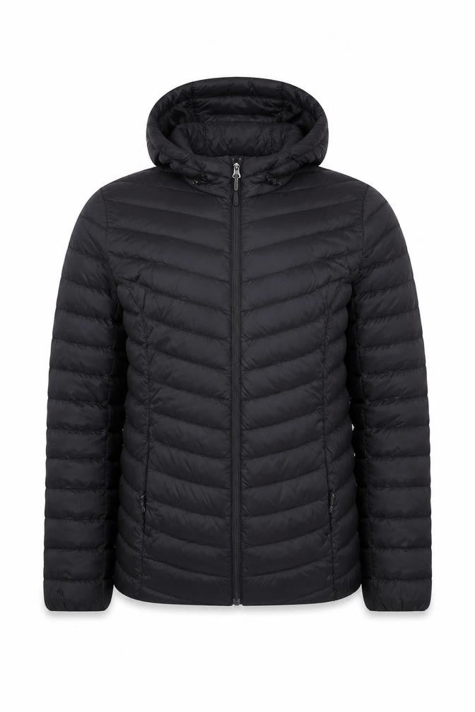 Front view of 32 Degrees Men’s Black Lightweight Hooded Puffer Jacket, size S