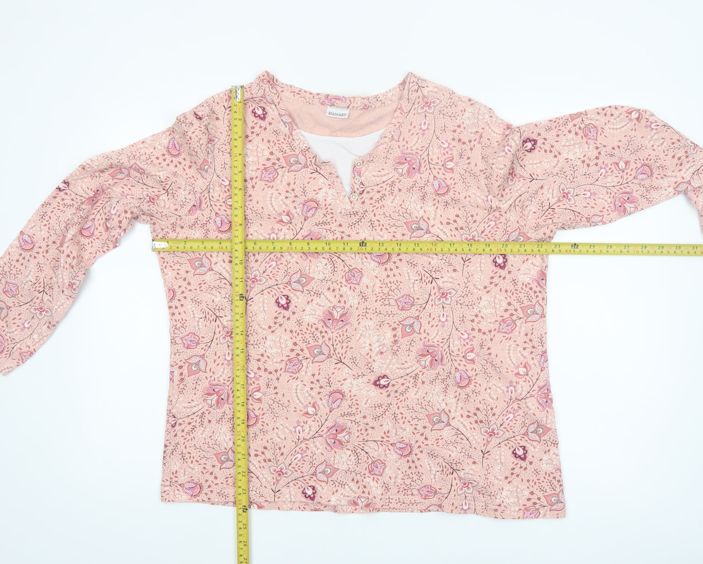 Damart Womens Pink Floral Henley Cotton Jumper Size L 18/20