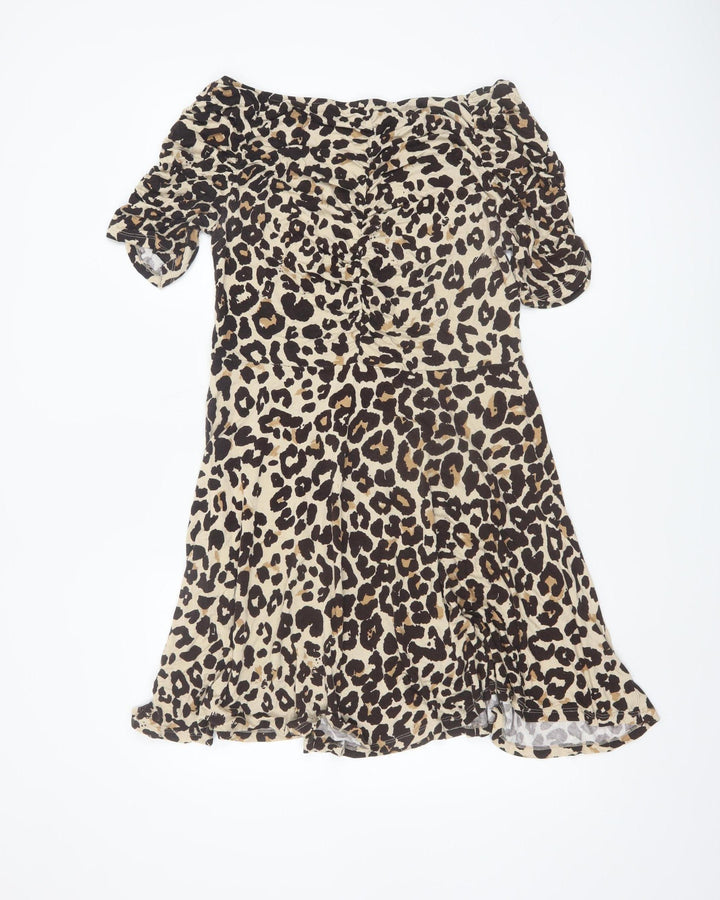 Very Women’s Brown Leopard Print Off Shoulder Short A-Line Dress UK 12