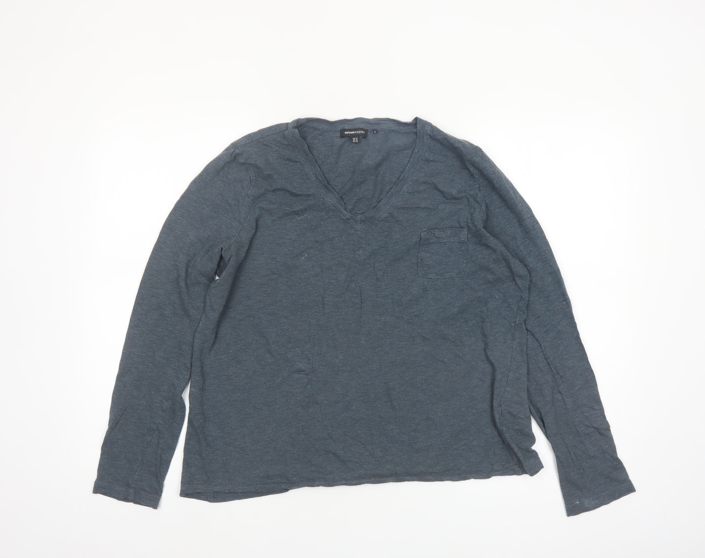 Superdry Women's Blue V-Neck Long Sleeve Cotton T-Shirt UK 14