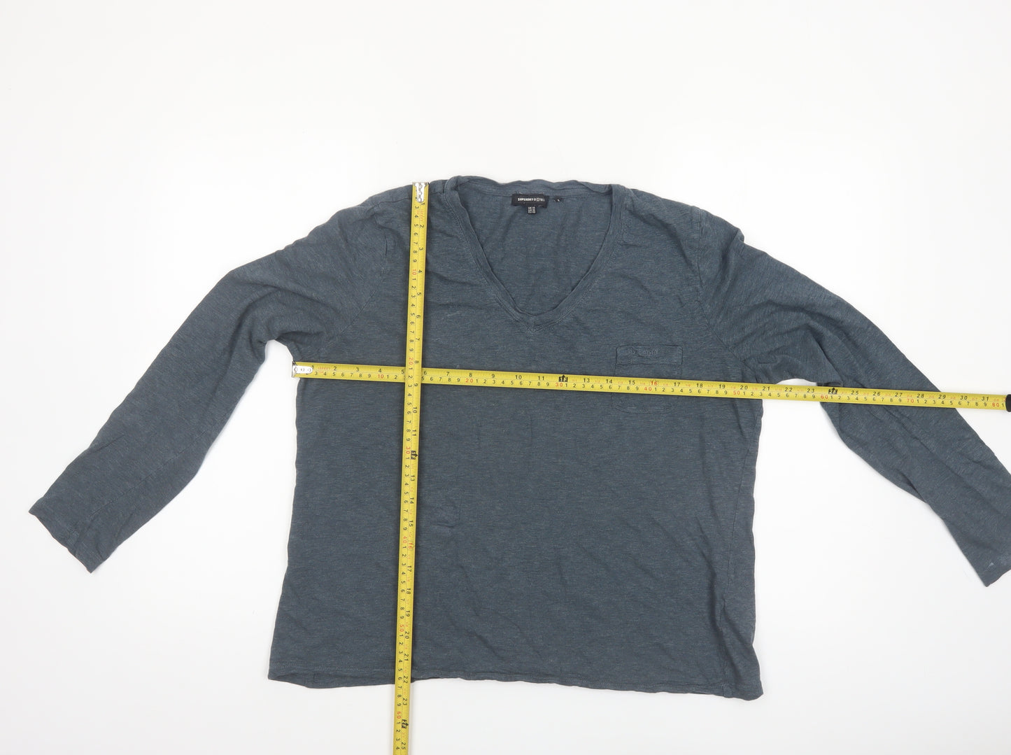 Superdry Women's Blue V-Neck Long Sleeve Cotton T-Shirt UK 14