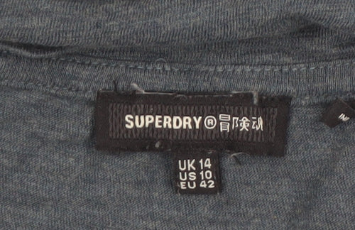 Superdry Women's Blue V-Neck Long Sleeve Cotton T-Shirt UK 14