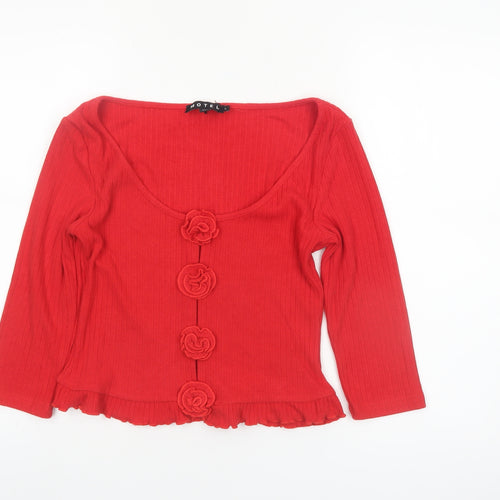 Motel Women Red Cropped Button Ruffle Knit Top Size L