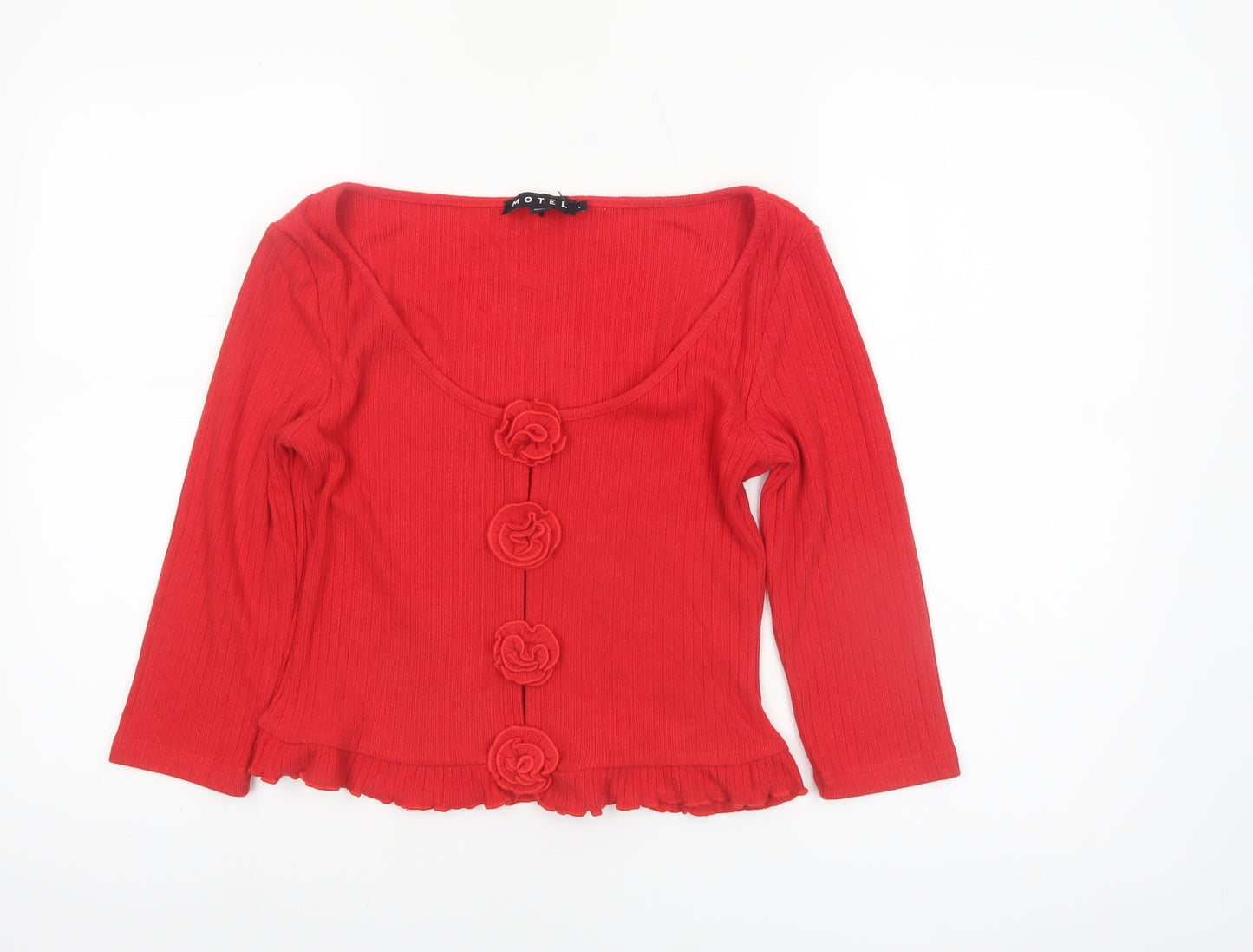 Motel Women Red Cropped Button Ruffle Knit Top Size L