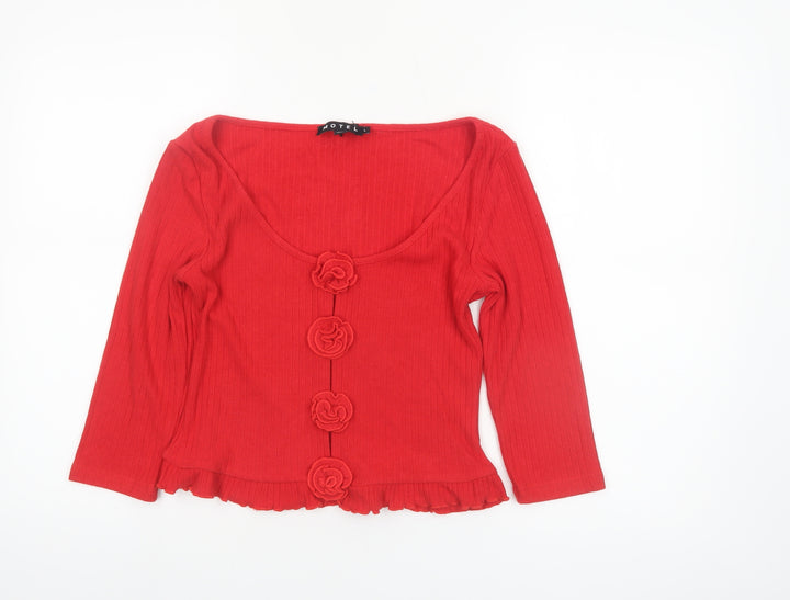 Motel Women Red Cropped Button Ruffle Knit Top Size L