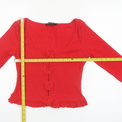 Motel Women Red Cropped Button Ruffle Knit Top Size L