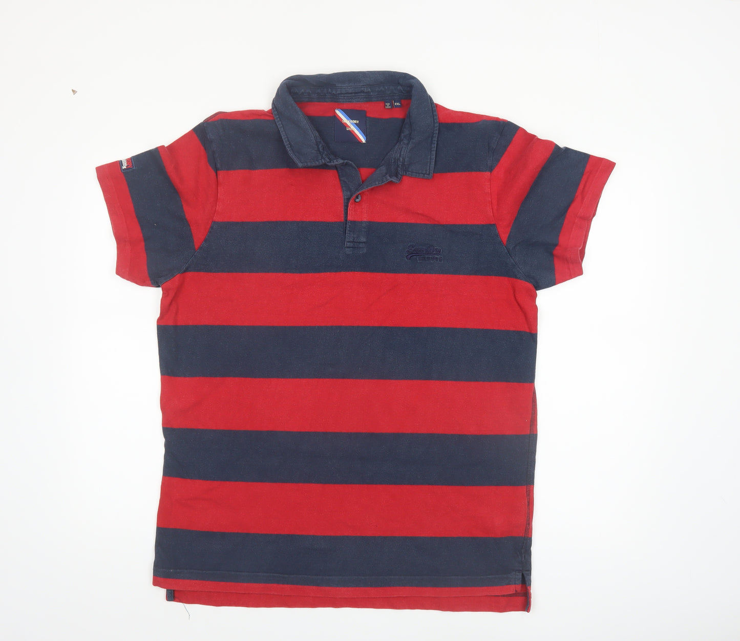 Superdry Men’s Red and Navy Striped 2XL Polo Shirt