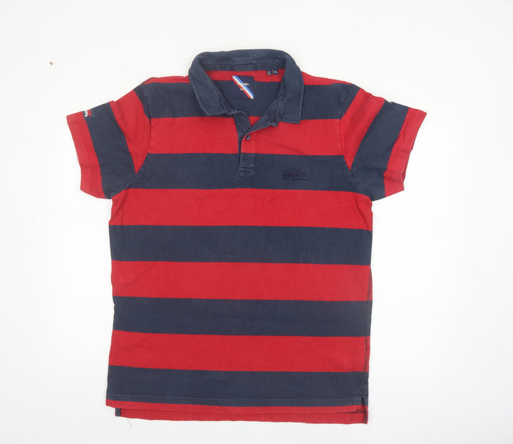 Superdry Men’s Red and Navy Striped 2XL Polo Shirt