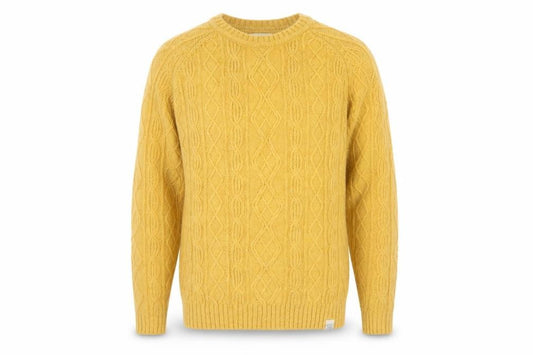Front view of Norse Projects Men's Yellow Cable-Knit Wool Jumper XS