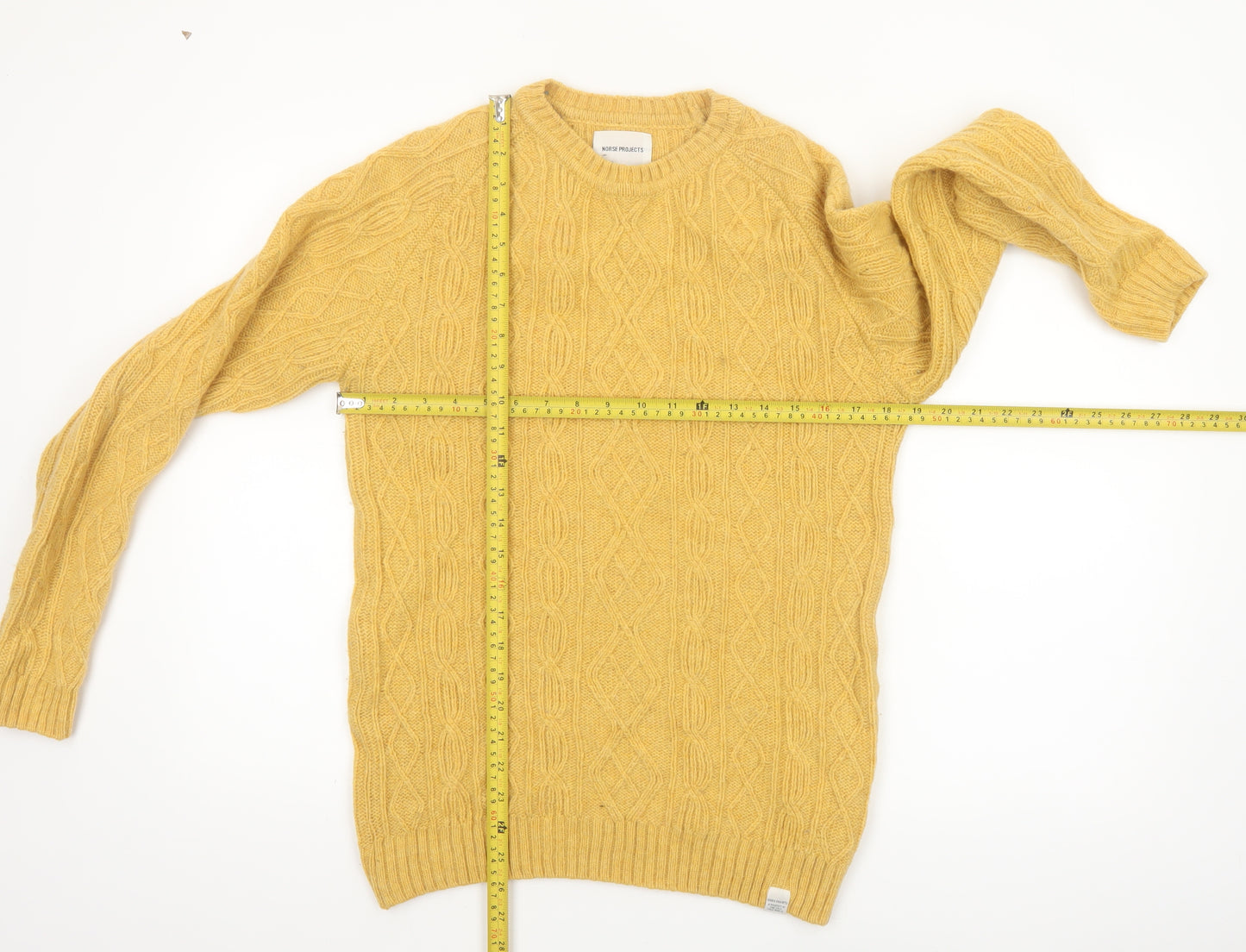 Norse Projects Men's Yellow Cable-Knit Wool Jumper XS