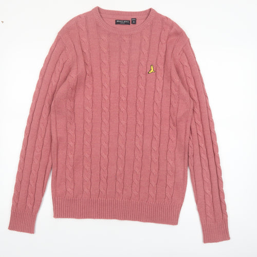 Brave Soul Men’s Pink Cable-Knit Crew Neck Jumper M