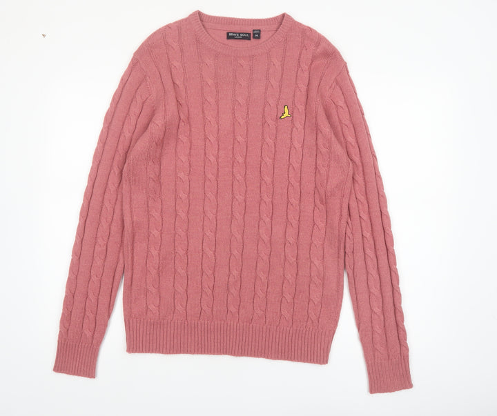 Brave Soul Men’s Pink Cable-Knit Crew Neck Jumper M