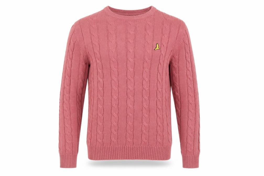 Front view of Brave Soul Men’s Pink Cable-Knit Crew Neck Jumper M