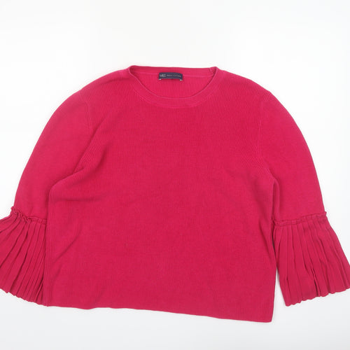 Marks and Spencer Women Pink Cotton Crew Neck Pleated Sleeve Jumper Size 16