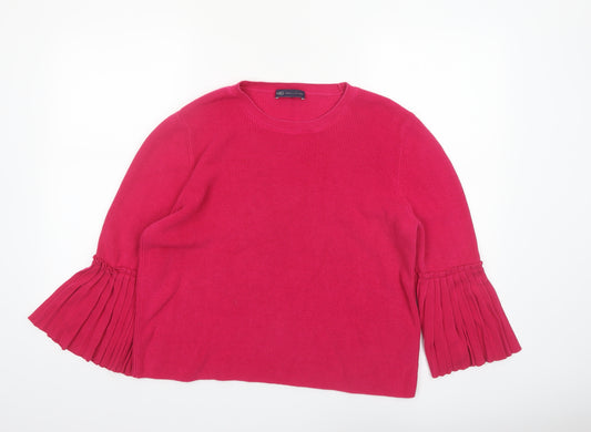 Marks and Spencer Women Pink Cotton Crew Neck Pleated Sleeve Jumper Size 16
