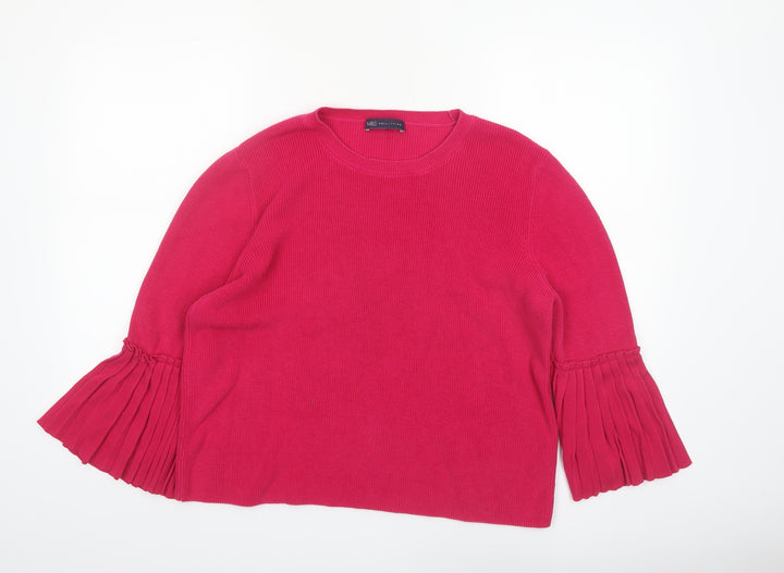 Marks and Spencer Women Pink Cotton Crew Neck Pleated Sleeve Jumper Size 16