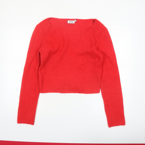 Weekday Women Red V-Neck Ribbed Knit Pullover Jumper Size L