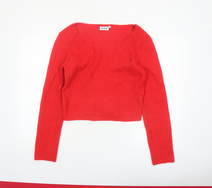 Weekday Women Red V-Neck Ribbed Knit Pullover Jumper Size L