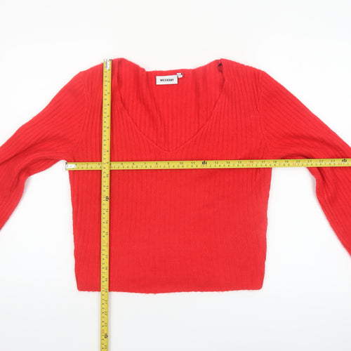Weekday Women Red V-Neck Ribbed Knit Pullover Jumper Size L