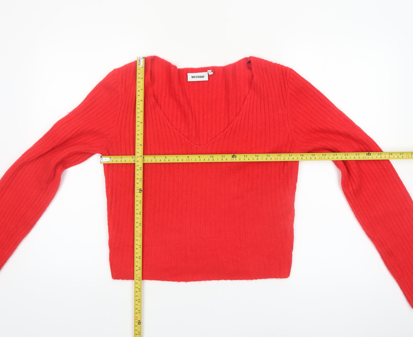 Weekday Women Red V-Neck Ribbed Knit Pullover Jumper Size L
