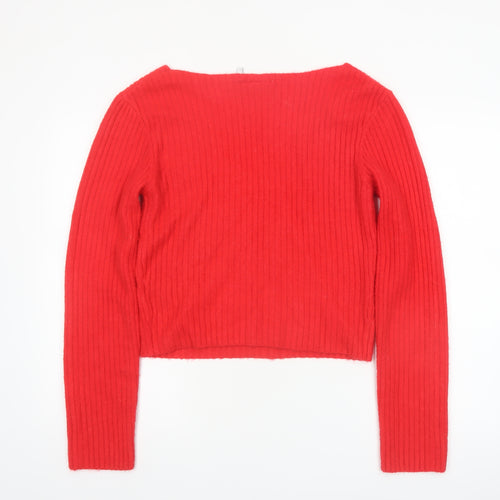 Weekday Women Red V-Neck Ribbed Knit Pullover Jumper Size L