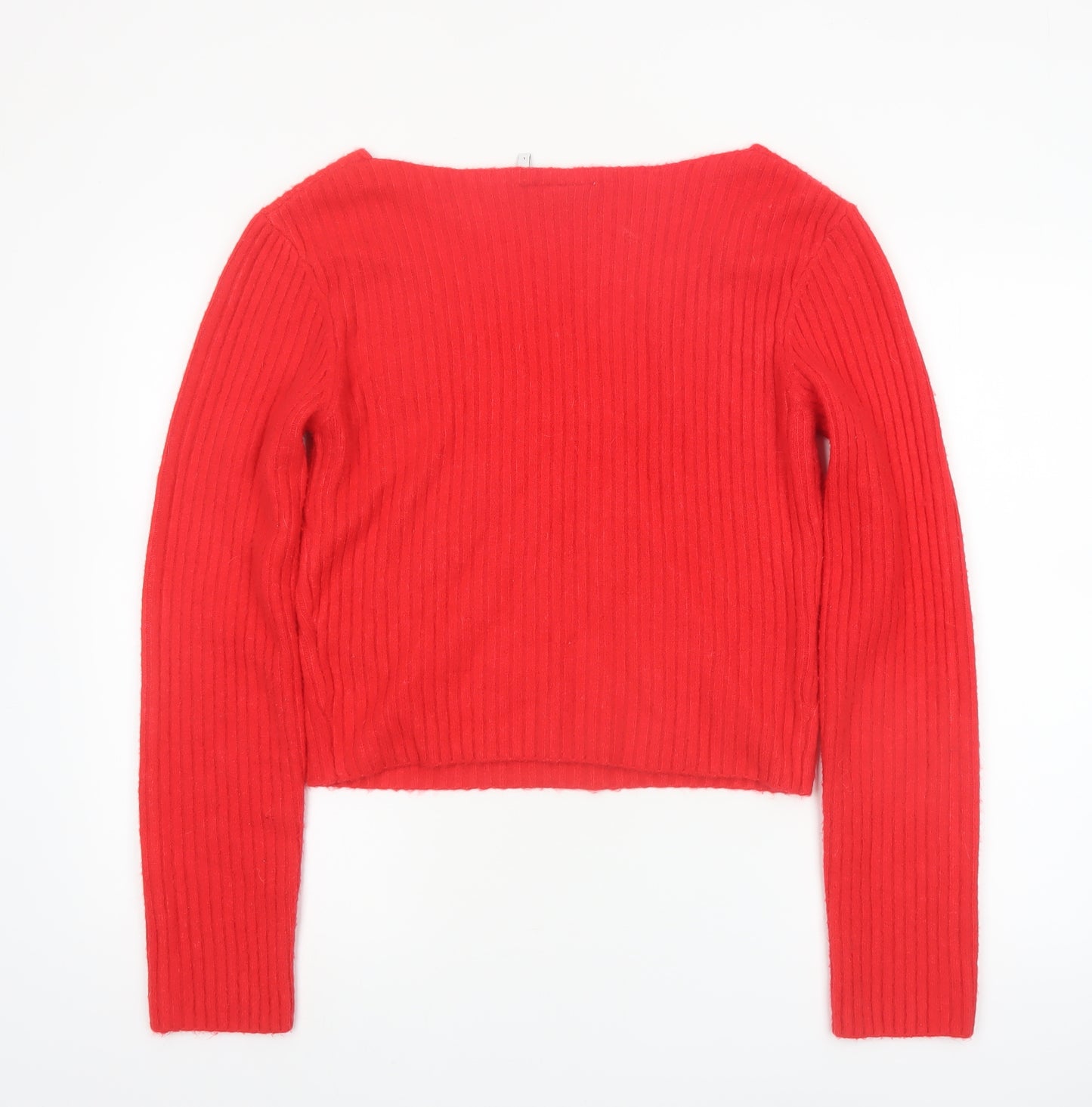 Weekday Women Red V-Neck Ribbed Knit Pullover Jumper Size L