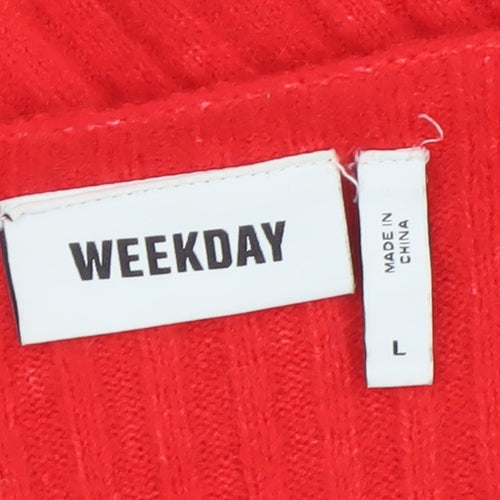 Weekday Women Red V-Neck Ribbed Knit Pullover Jumper Size L
