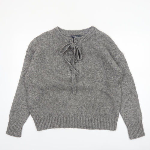 Zara Women Grey Knit Pullover Jumper M Long Sleeve Lace-Up Bow Wool Blend