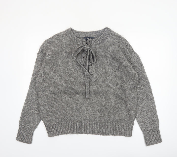 Zara Women Grey Knit Pullover Jumper M Long Sleeve Lace-Up Bow Wool Blend