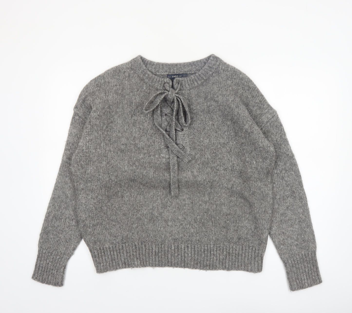 Zara Women Grey Knit Pullover Jumper M Long Sleeve Lace-Up Bow Wool Blend