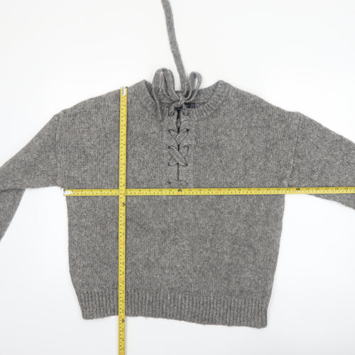 Zara Women Grey Knit Pullover Jumper M Long Sleeve Lace-Up Bow Wool Blend